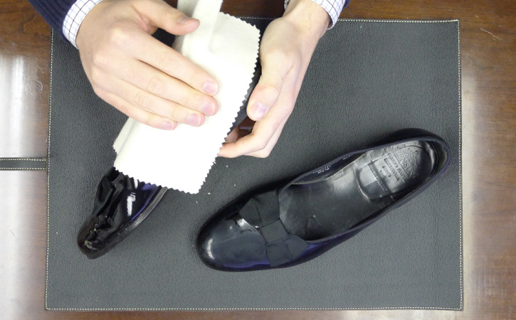 Buff the Patent Leather Cleaner to a High Shine using a Cotton Chamois